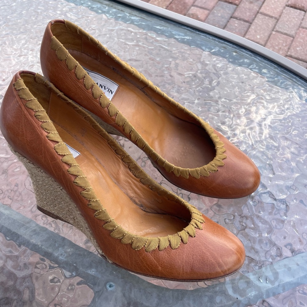 Lanvin Brown Grosgrain Stitched Leather Wedge Pump Size 38 - Picture 14 of 15